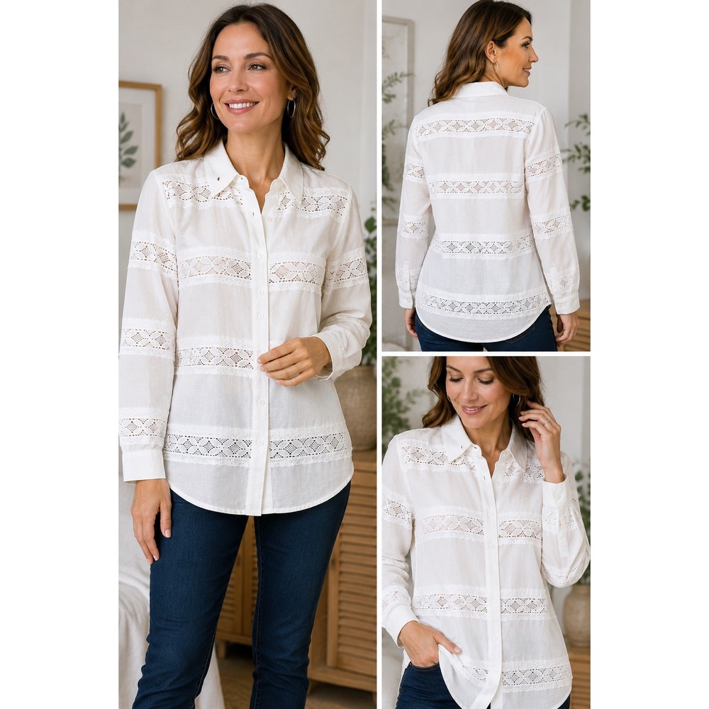 Coldwater Creek Womens White Cotton Crochet Lace Trim Button Down Shirt Small